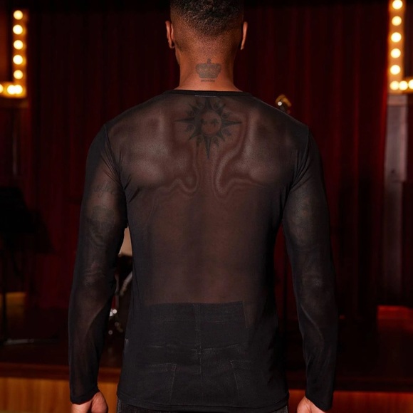 COOFANDY | Black V-Neck Lace Tie Mesh Pullover Stretch Fit Men’s Shirt - Picture 3 of 9